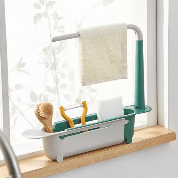 📢📢43% OFF & In Stock⏰ Updated Telescopic Sink Storage Rack – Adjustable Fit, Ventilated Drain & Towel Bar – Keep Your Sink Clean & Tidy ✨