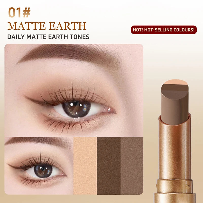 Matte Earth eyeshadow stick with three earth-tone shades