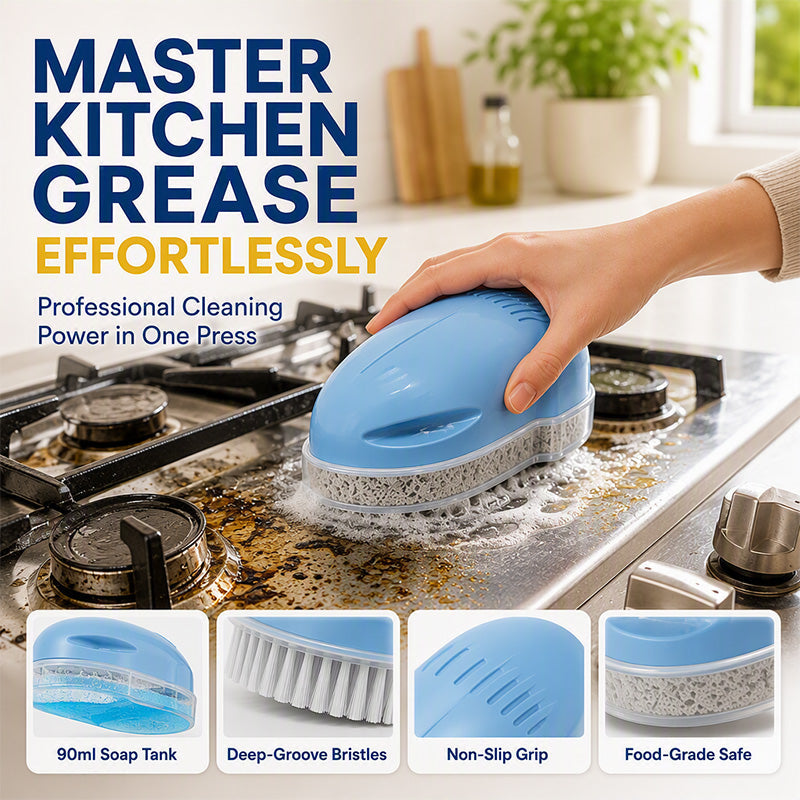 Blue dispensing kitchen brush scrubbing a stovetop
