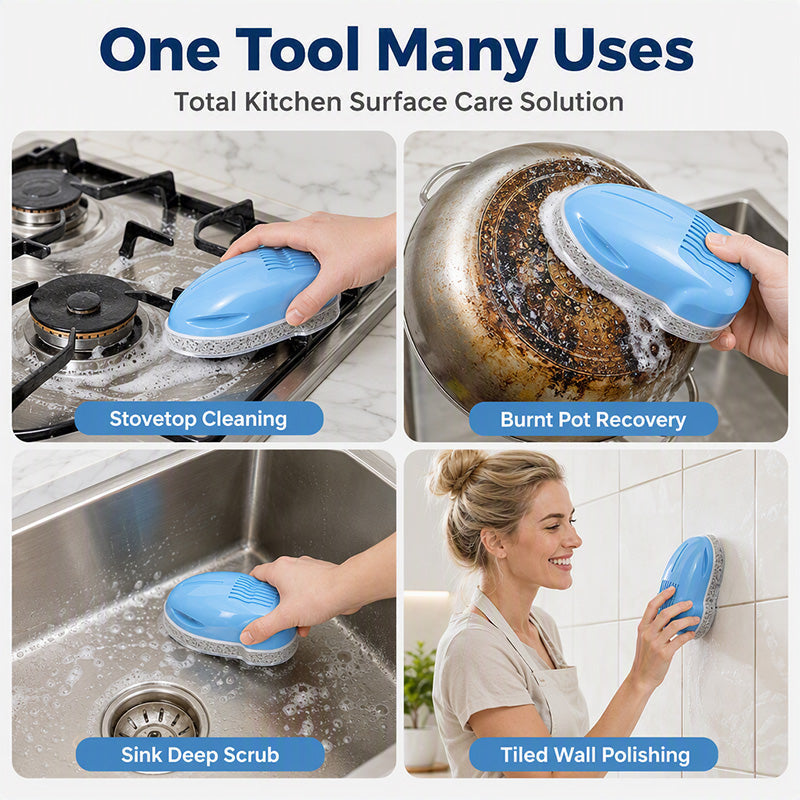 Brush use on cookware, stovetop, sink, and tile