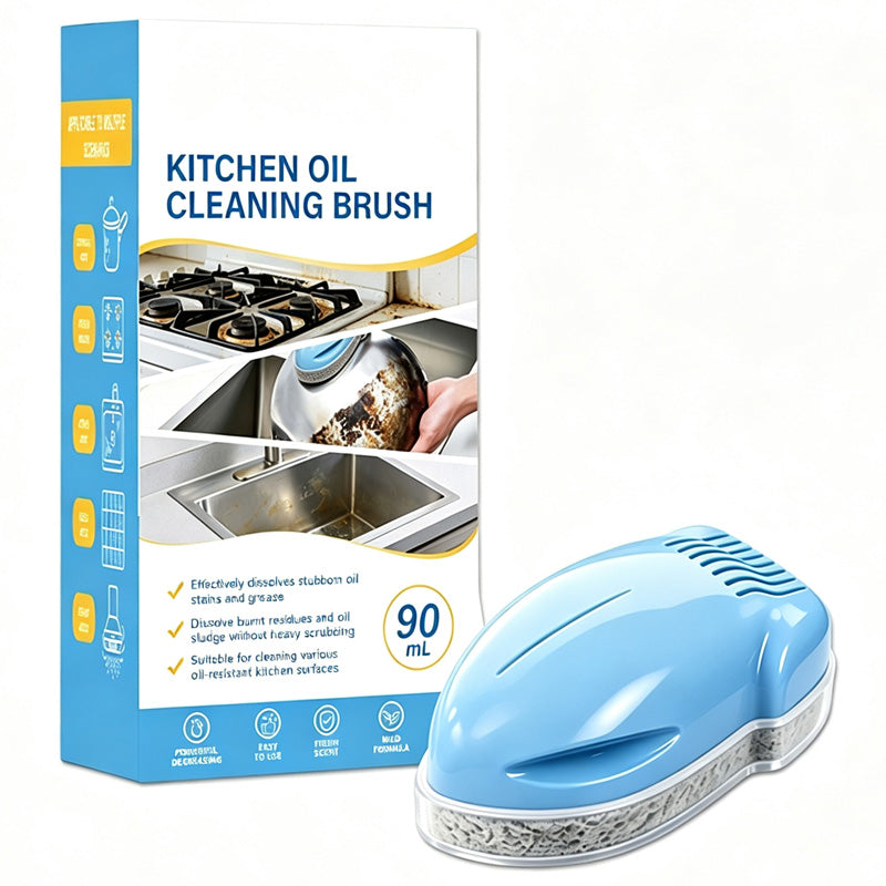 Blue kitchen cleaning brush beside package