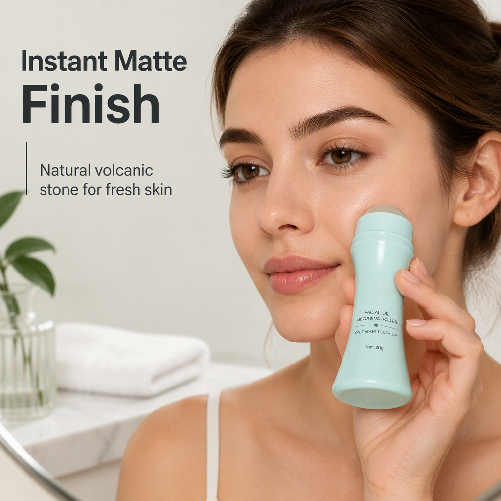 Person using mint green facial oil-absorbing roller