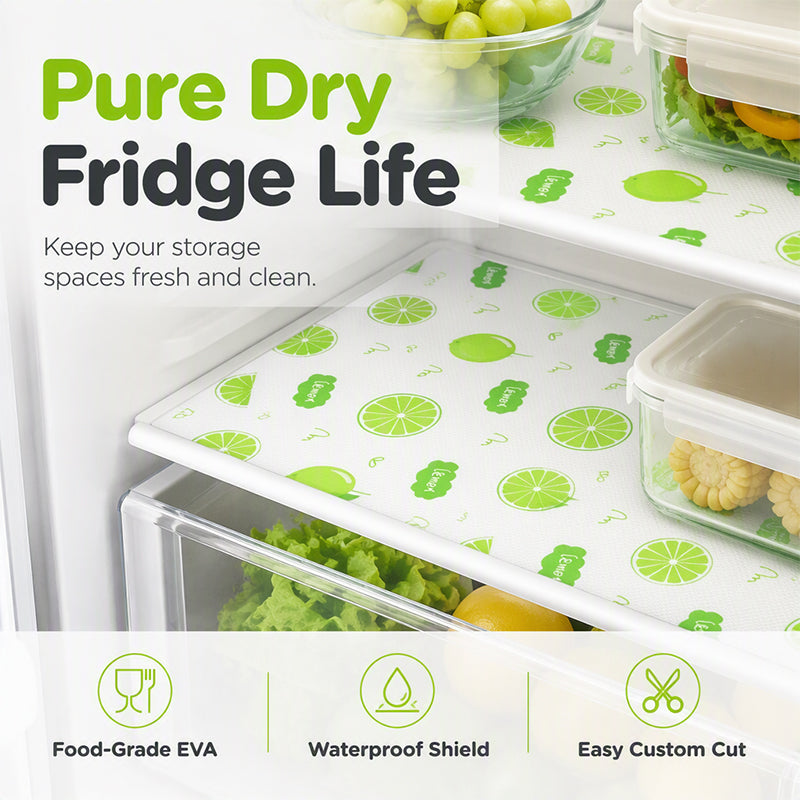 Lime-pattern liner on a refrigerator shelf