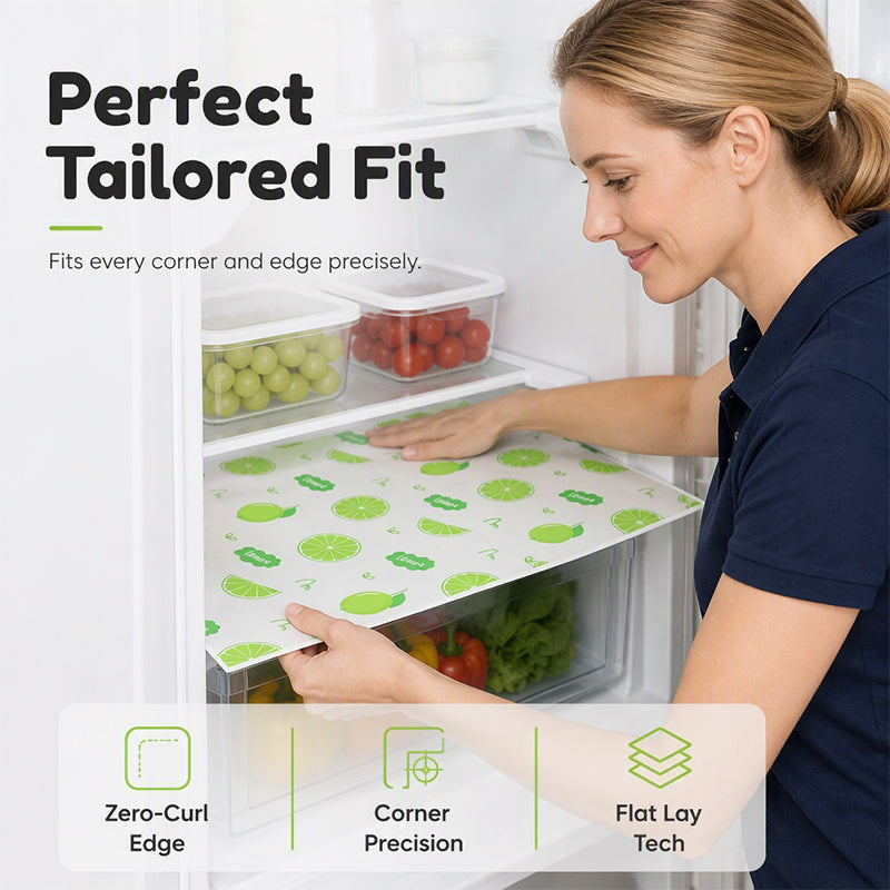 Lime-pattern mat placed on a fridge shelf