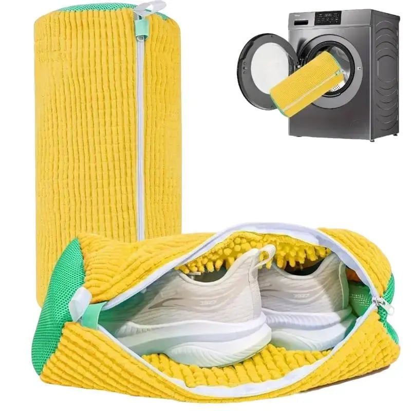 Yellow bag with a pair of sneakers