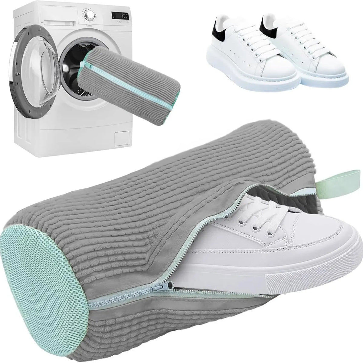 Gray bag with a sneaker and washing machine