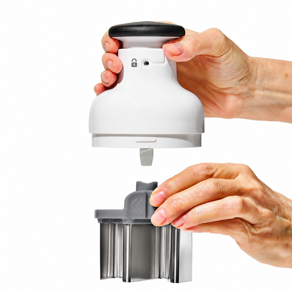 Push-down handle and blade assembly close-up