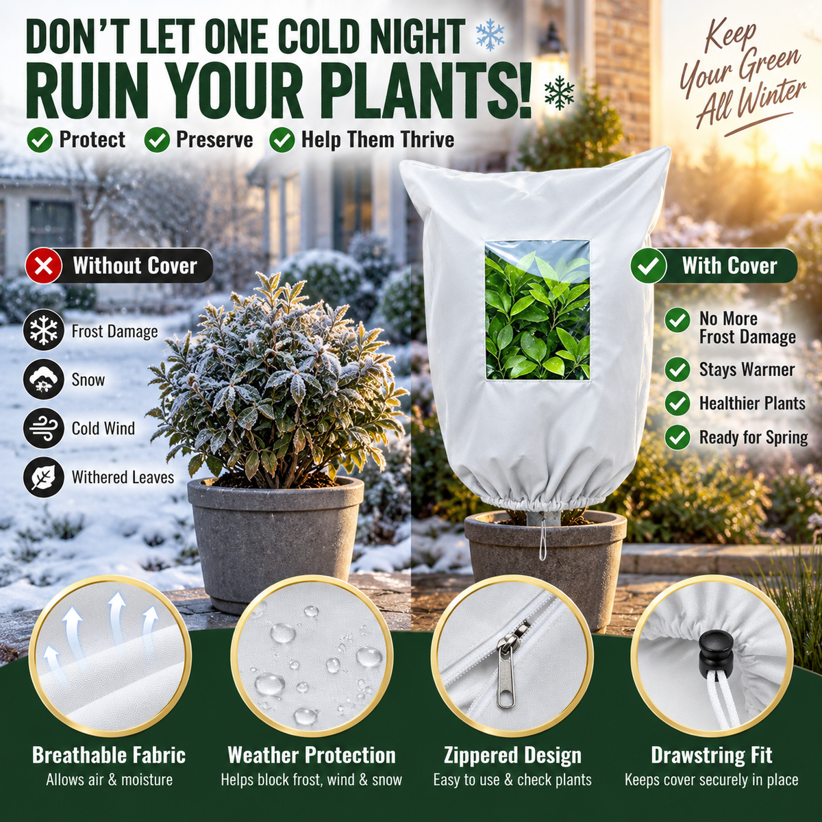 Plant frost protection cover placed over a garden plant