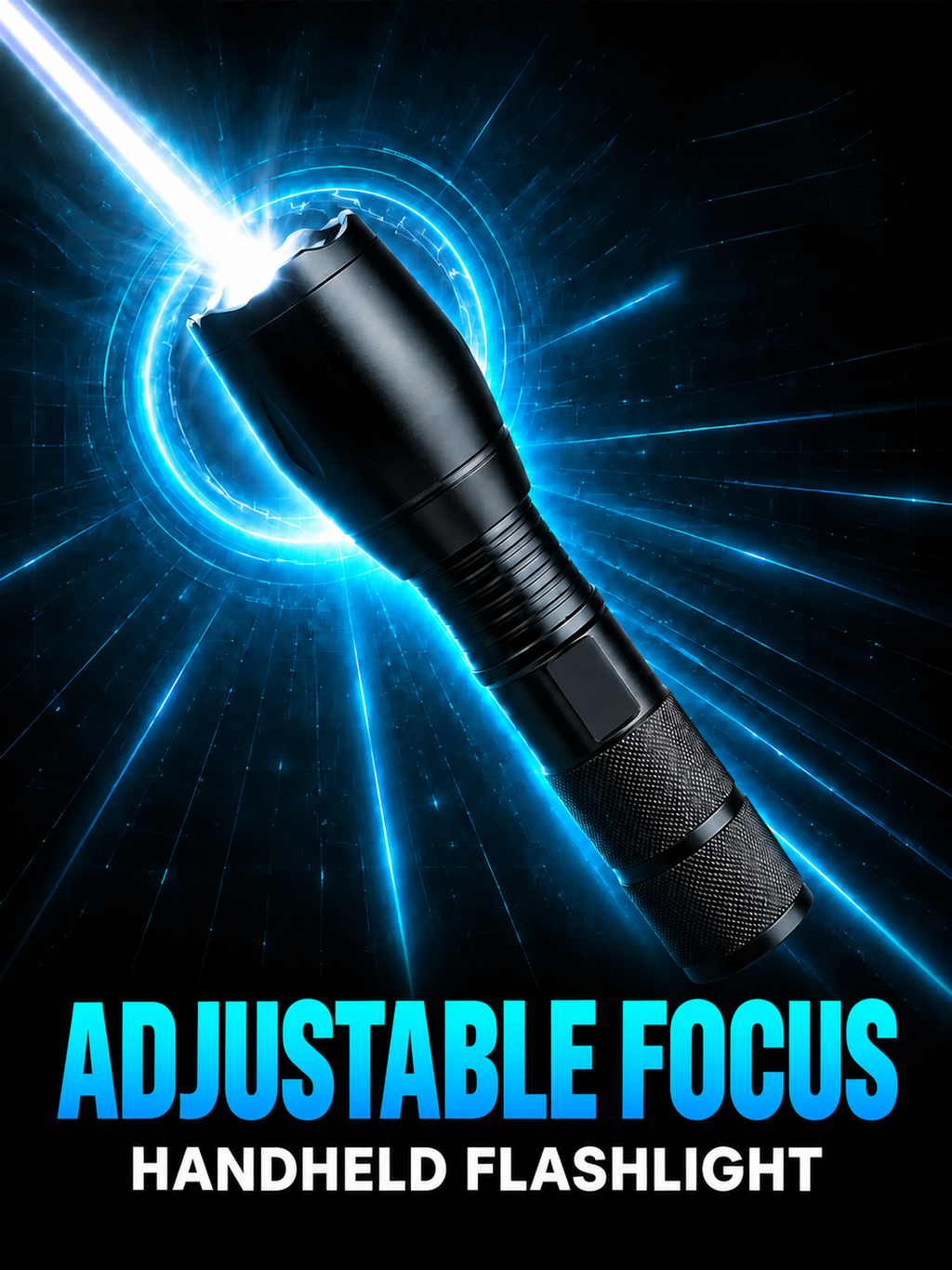 Black adjustable-focus flashlight with a blue beam