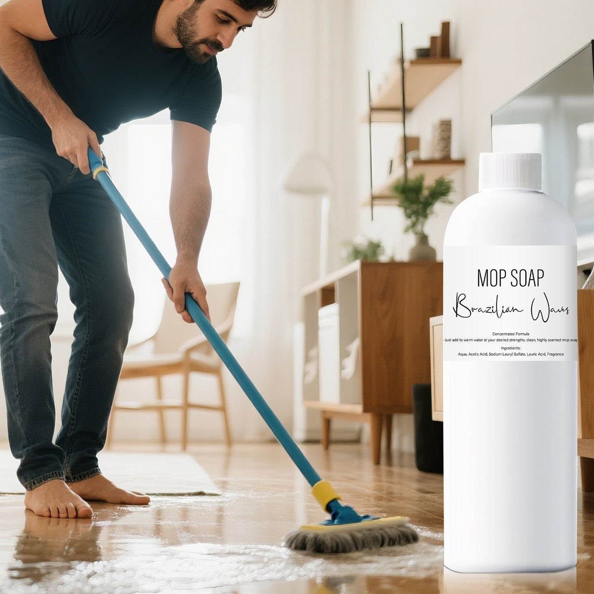 Person using a mop on a floor