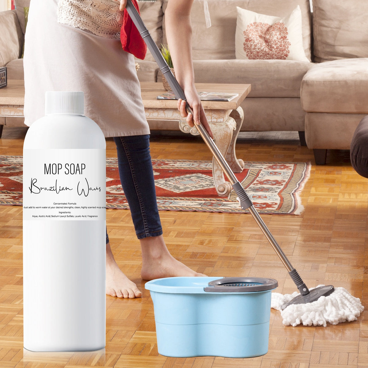 Mop and blue bucket floor cleaning scene