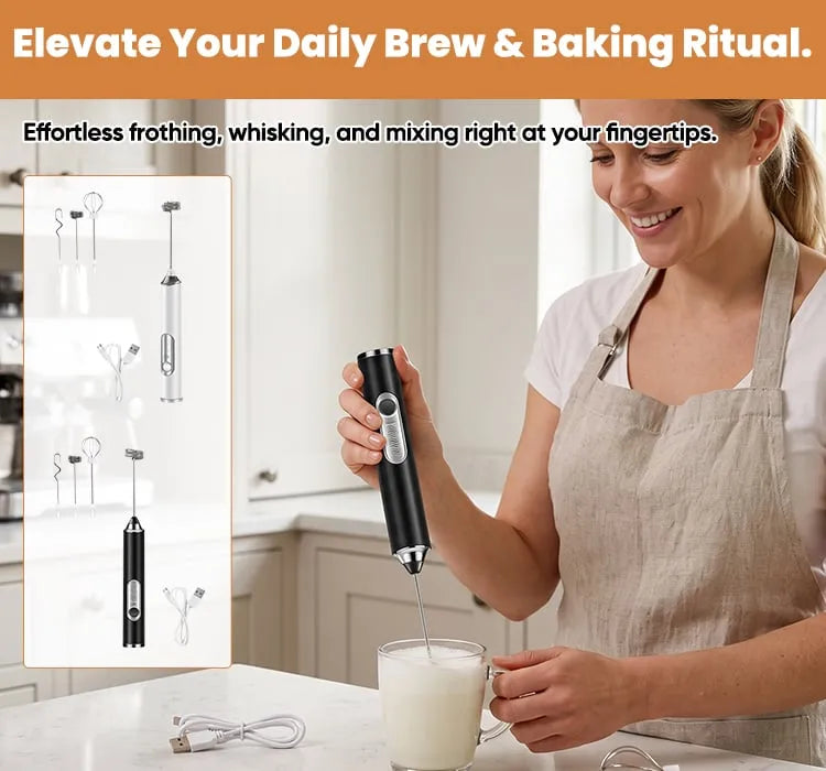 Handheld Electric Milk Frother with Replaceable Whisk Heads