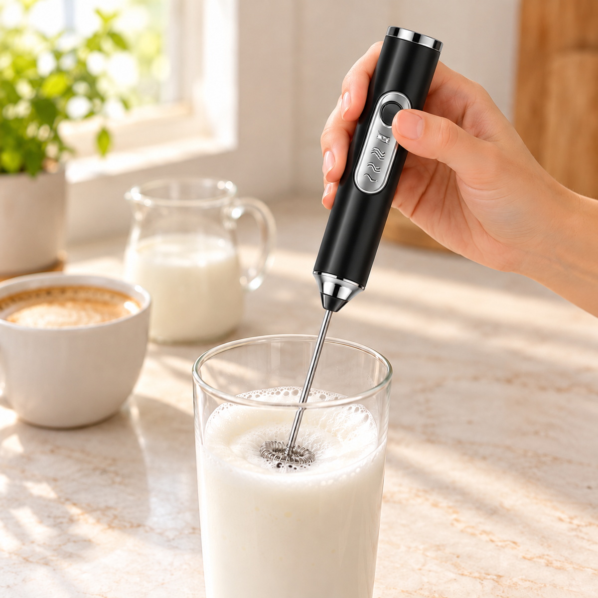 Handheld Electric Milk Frother with Replaceable Whisk Heads
