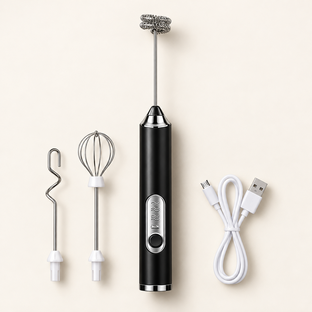 Handheld Electric Milk Frother with Replaceable Whisk Heads
