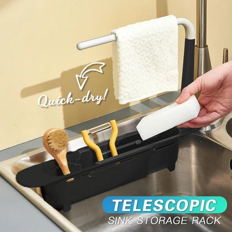 📢📢43% OFF & In Stock⏰ Updated Telescopic Sink Storage Rack – Adjustable Fit, Ventilated Drain & Towel Bar – Keep Your Sink Clean & Tidy ✨